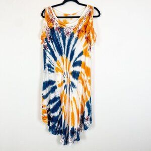 Exist Women's OS Orange and Blue Tie Dye Off the Shoulder Embroidered Boho Dress